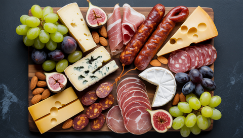 A charcuterie board with various cheeses and meats, accented by fruits and nuts, set on a wooden table.