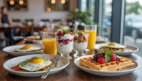 A breakfast table with egg dishes, yogurt parfaits, and waffles at Tiny Grocer.
