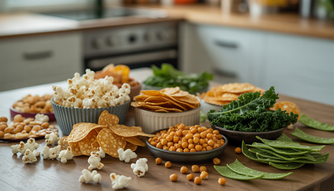 An assortment of crispy healthy snacks including popcorn, chickpeas, kale chips, and pea crisps on a wooden table, set in a warm kitchen.
