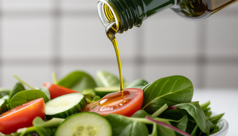 A salad with greens, tomatoes, and cucumbers being drizzled with golden extra virgin olive oil, emphasizing freshness and flavor.