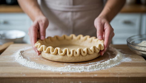 Step-by-step visual guide to making gluten-free pie dough in a modern kitchen, highlighting ingredients and preparation stages.