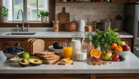 A kitchen counter with fresh organic breakfast ingredients, including whole-grain bread, avocados, and fruits, in an Austin home.