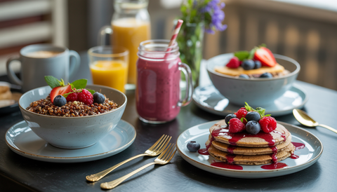 A sophisticated breakfast spread with quinoa bowl, smoothie, and buckwheat pancakes with berries.