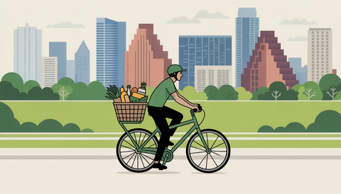A bicycle delivery person in Austin, TX, carrying a basket of organic groceries, highlighting fast and eco-friendly delivery.