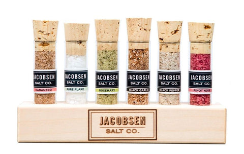 Jacobsen Salt Co. - Six Vial Infused Salt Set Branded Wood Stand