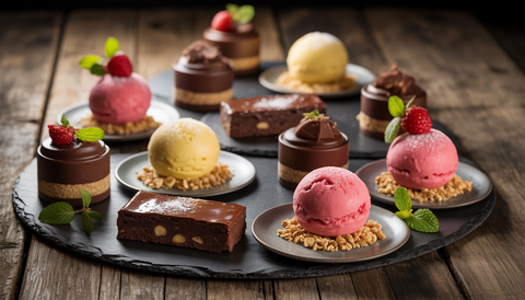 A selection of gluten free and dairy free desserts, including chocolate brownies and fruit sorbets, on a rustic table.