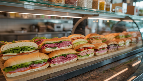 A deli counter at Tiny Grocer with various freshly made sandwiches, surrounded by a warm and inviting grocery environment.
