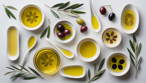 A flat lay of assorted olive oils with tasting spoons and olive branches, showcasing a premium selection.
