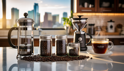 A kitchen with gourmet coffee beans in jars, a French press, a burr grinder, and a steaming coffee cup, with an Austin cityscape in the background.