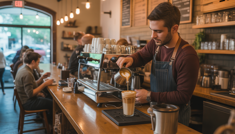 A barista making a latte in a warm, rustic Austin coffee shop with patrons enjoying their drinks.