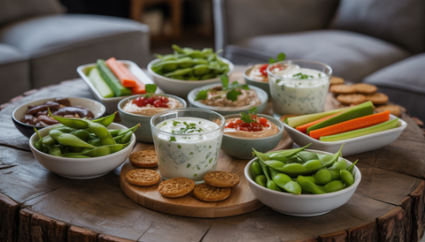High protein, low-calorie snacks like Greek yogurt, edamame, and veggie sticks with hummus on a rustic table.