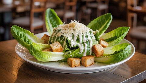 A Caesar salad with romaine lettuce, croutons, and Parmesan cheese on a wooden table, embodying a cozy and rustic charm.