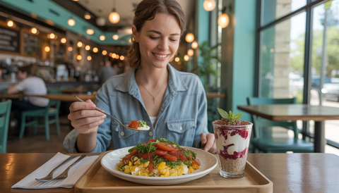 A café interior with a person enjoying an egg and veggie scramble and Greek yogurt parfait, highlighting a vibrant, local dining experience.