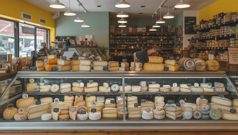 Interior of Tiny Grocer in Austin, featuring a display of artisanal cheeses with a warm, inviting atmosphere.
