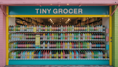 Tiny Grocer storefront in Austin, featuring a colorful display of healthy soda substitutes.