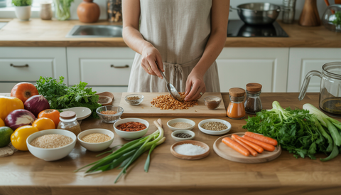Home cook preparing a gluten-free meal with fresh ingredients on a wooden countertop in a serene kitchen.