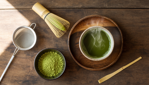 Flat lay of matcha tea essentials including a bamboo whisk, matcha powder, and a steaming cup on a wooden table.