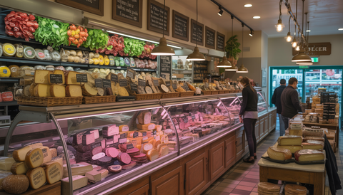Interior of Tiny Grocer deli with artisanal meats, cheeses, and produce, creating a warm and inviting atmosphere.