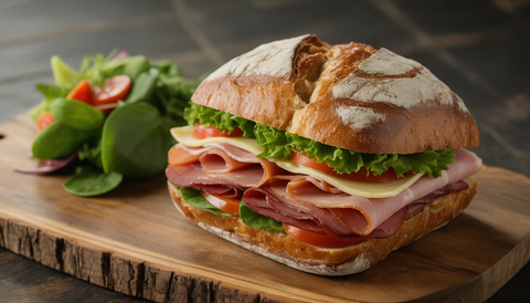 A gourmet sandwich with artisanal bread and fresh fillings, accompanied by a side salad on a wooden board.