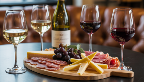Wine and charcuterie pairing with Pinot Grigio and Cabernet Sauvignon next to a cheese and meat board.