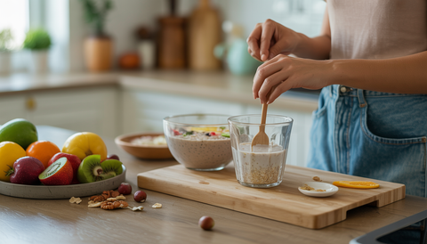 Person preparing overnight oats and smoothie bowl in a modern kitchen, with fresh fruits and nuts on the counter.