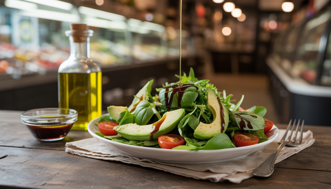 A rustic table with a salad featuring fresh greens, cherry tomatoes, and avocados, drizzled with olive oil, accompanied by a bottle of olive oil and a bowl of vinaigrette.