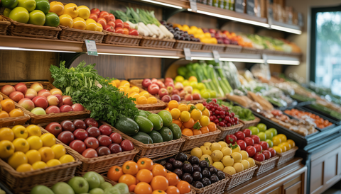 A cozy grocery store with baskets of colorful organic fruits and vegetables, showcasing a neighborhood charm with wooden shelves and warm lighting.