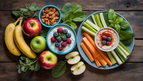Flat lay of healthy snacks: fruits, almonds, yogurt with berries, and veggie sticks with hummus on a wooden table.