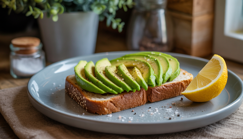 Avocado toast on whole-grain bread with lemon slice, salt, and pepper, set on a cozy kitchen counter with a potted plant.