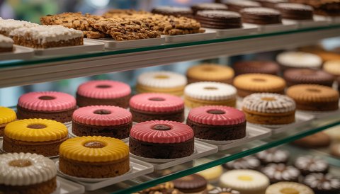 A colorful display of gluten and dairy-free desserts like cookies and cakes at Tiny Grocer.