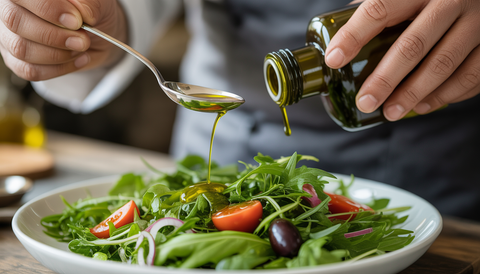 A chef drizzling extra virgin olive oil over a salad, highlighting the oil's texture and color.