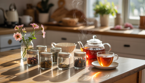 A warm kitchen table with loose leaf tea jars, a teapot, and a steaming cup of tea, creating a cozy and inviting atmosphere.