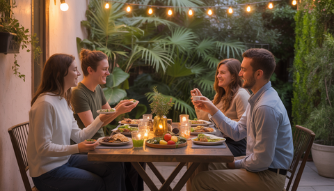 Friends enjoying vegan snacks in a cozy Austin backyard with string lights.