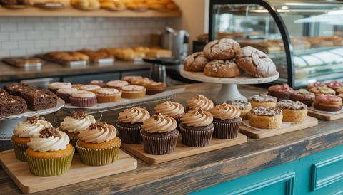 Gluten-free bakery in Austin displaying a selection of pastries and desserts on a rustic counter, showcasing a variety of sweet treats.