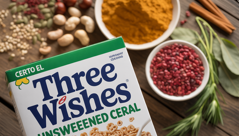 Close-up of a cereal box labeled 'Three Wishes Unsweetened Cereal' on a wooden table with spices, nuts, and seeds.