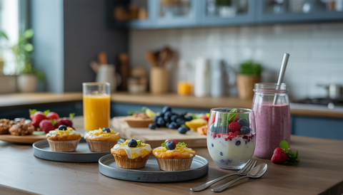 A stylish kitchen with a breakfast spread including Greek yogurt parfait, egg muffins, and a protein smoothie, set in an urban apartment.