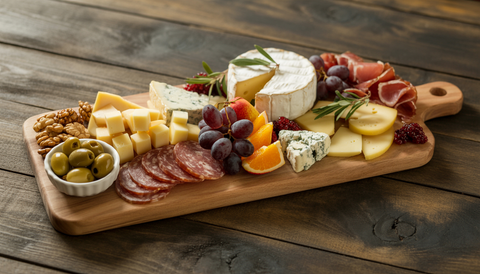 An artisan cheese and charcuterie board with cheeses, meats, fruits, and nuts on a rustic table.