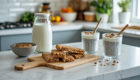 Gluten-free granola bars, Greek yogurt, and chia seed pudding on a kitchen counter, promoting a healthy lifestyle.