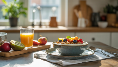Breakfast table with a bowl of organic yogurt, fresh fruits, and granola, in a sunlit kitchen setting.