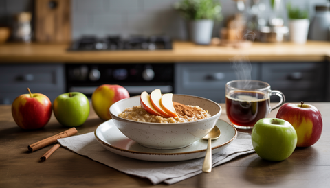 A breakfast table with a bowl of gluten-free oatmeal with apple and cinnamon, accompanied by fresh apples and a coffee cup.