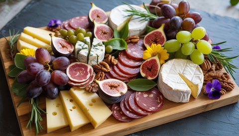 Seasonal-themed charcuterie board with cheeses, meats, fruits, and herbs.