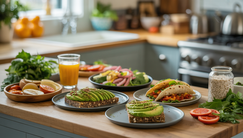 Healthy breakfast spread with avocado toast, overnight oats, and breakfast tacos in a sunlit kitchen, highlighting fresh, local ingredients.