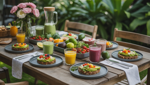 A breakfast table in an Austin garden with smoothies, avocado toast, and overnight oats, showcasing fresh local produce.