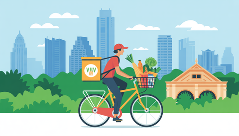 A delivery person on a bicycle in Austin, carrying a basket of fresh organic groceries, with Austin landmarks in the background.