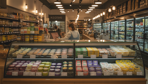 A cozy grocery store in Austin showcasing keto snacks like meat and cheese roll-ups and olive medleys, with a shopkeeper helping a customer.