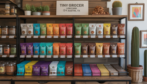 A display of high protein, low carb snacks on wooden shelves at Tiny Grocer in Austin, showcasing a variety of healthy options in a boutique setting.