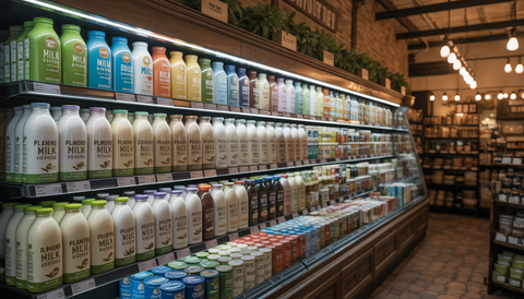 Interior of a boutique grocery store in Austin with a display of almond and coconut milk on rustic shelves.
