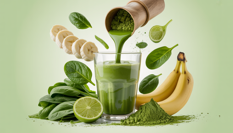 A colorful image of a matcha smoothie being poured, surrounded by fresh ingredients like bananas and spinach.