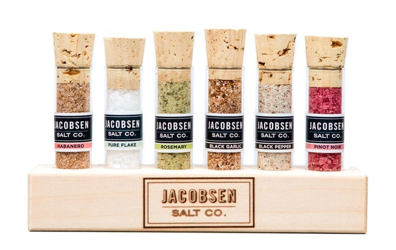 Jacobsen Salt Co. Six Vial Infused Salt Set Branded Wood Stand
